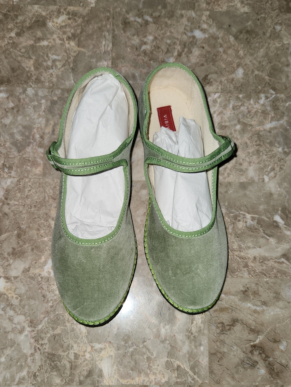 Anthropologie Vibi Venezia  NWT Green Mary Jane Canvas Flats with Strap